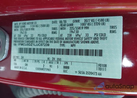 2020 Ford Escape Titanium Hybrid from USA, damaged, VIN 1FMCU0DZ1LUC07239